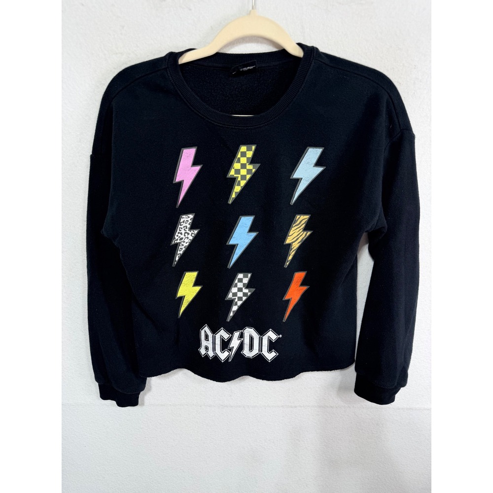 AC/DC Sweatshirt Lightning Bolt Women's XL Black Rock Band Graphic Raw Hem